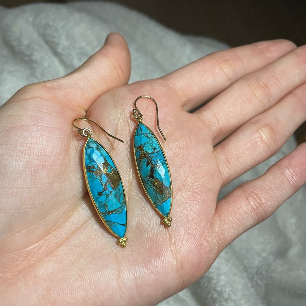 Handmade Gold-Trim Turquoise Marquise Drop Earrings
